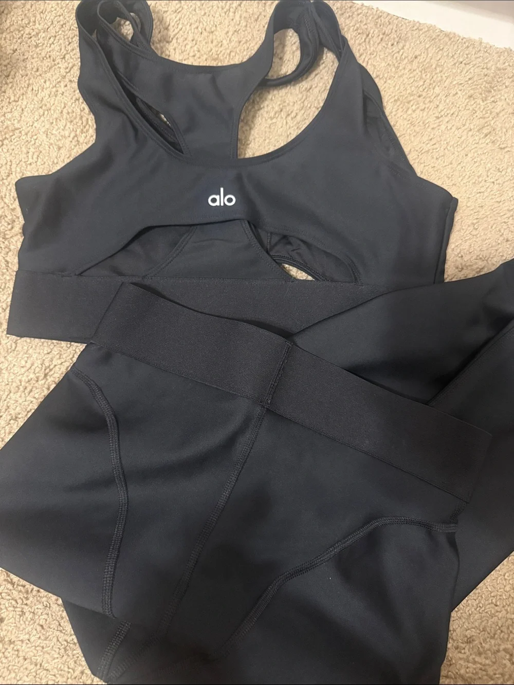 ALO Yoga NWOT Black Racerback Sports Bra Top and Silky leggings sexy cutouts